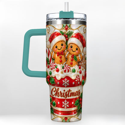 #pl[40oz|Green] Gingerbread Couple 40oz Tumbler with Handle, Stained Glass Style Cup
