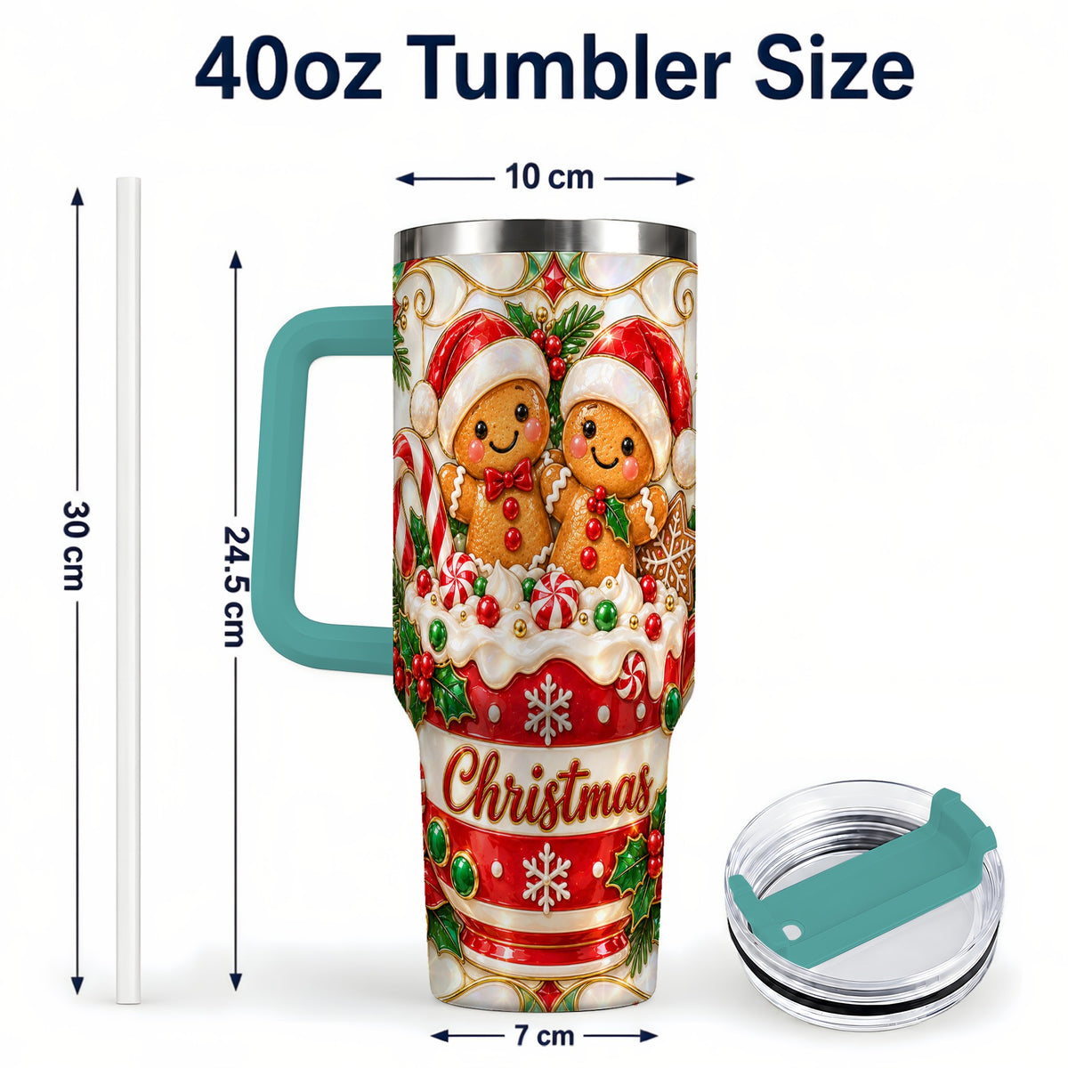 #pl[40oz|Green] Gingerbread Couple 40oz Tumbler with Handle, Stained Glass Style Cup
