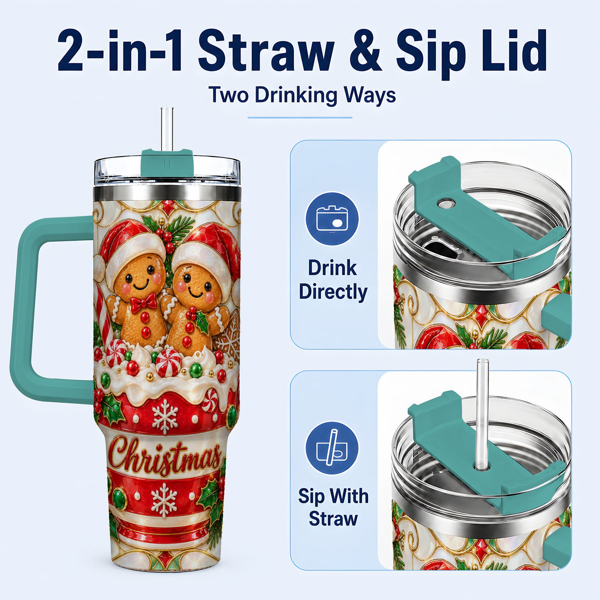 #pl[40oz|Green] Gingerbread Couple 40oz Tumbler with Handle, Stained Glass Style Cup