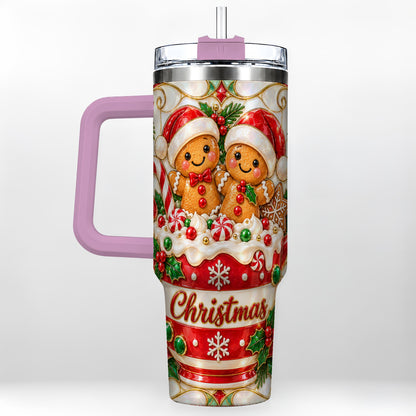 #pl[40oz|Pink] Gingerbread Couple 40oz Tumbler with Handle, Stained Glass Style Cup