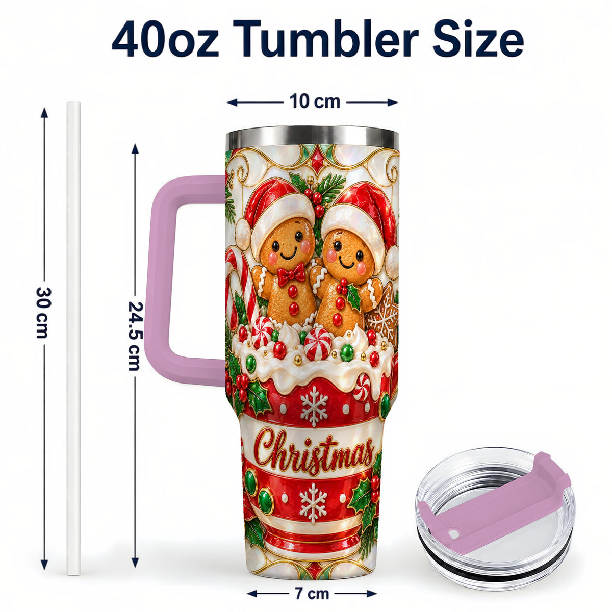 #pl[40oz|Pink] Gingerbread Couple 40oz Tumbler with Handle, Stained Glass Style Cup
