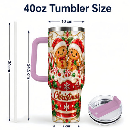 #pl[40oz|Pink] Gingerbread Couple 40oz Tumbler with Handle, Stained Glass Style Cup