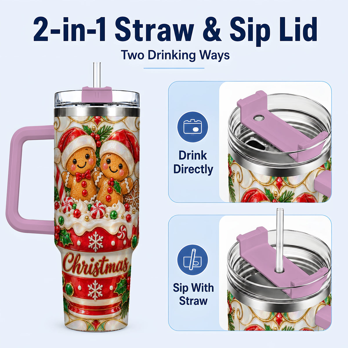 #pl[40oz|Pink] Gingerbread Couple 40oz Tumbler with Handle, Stained Glass Style Cup