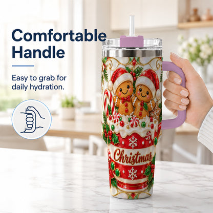 #pl[40oz|Pink] Gingerbread Couple 40oz Tumbler with Handle, Stained Glass Style Cup