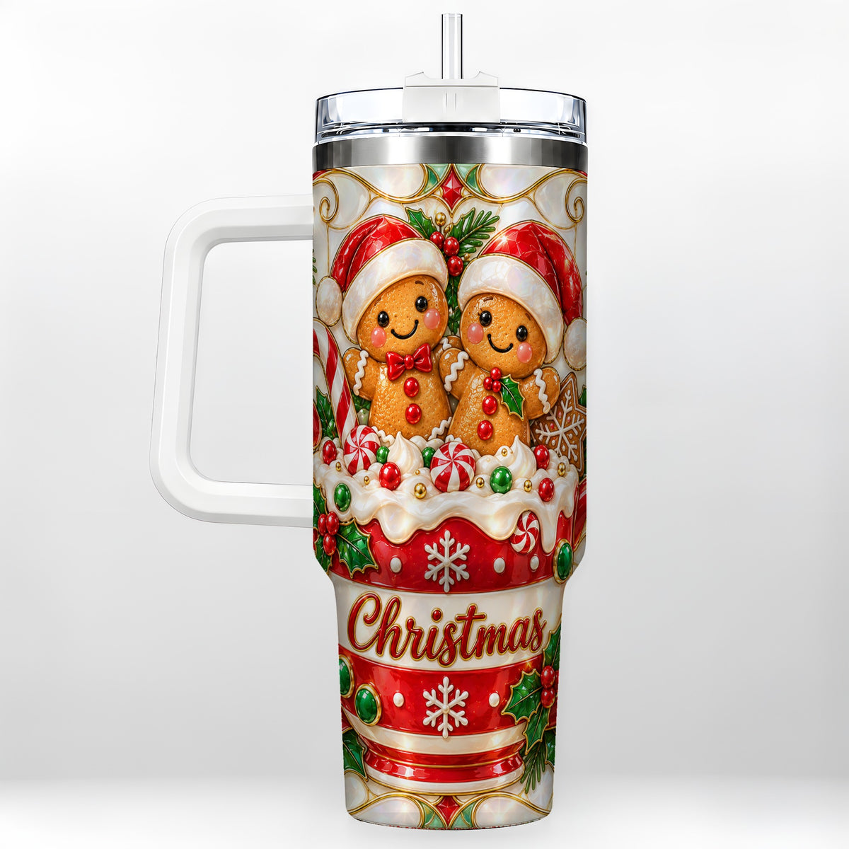 Gingerbread Couple 40oz Tumbler with Handle, Stained Glass Style Cup