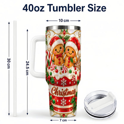 #pl[40oz|White] Gingerbread Couple 40oz Tumbler with Handle, Stained Glass Style Cup