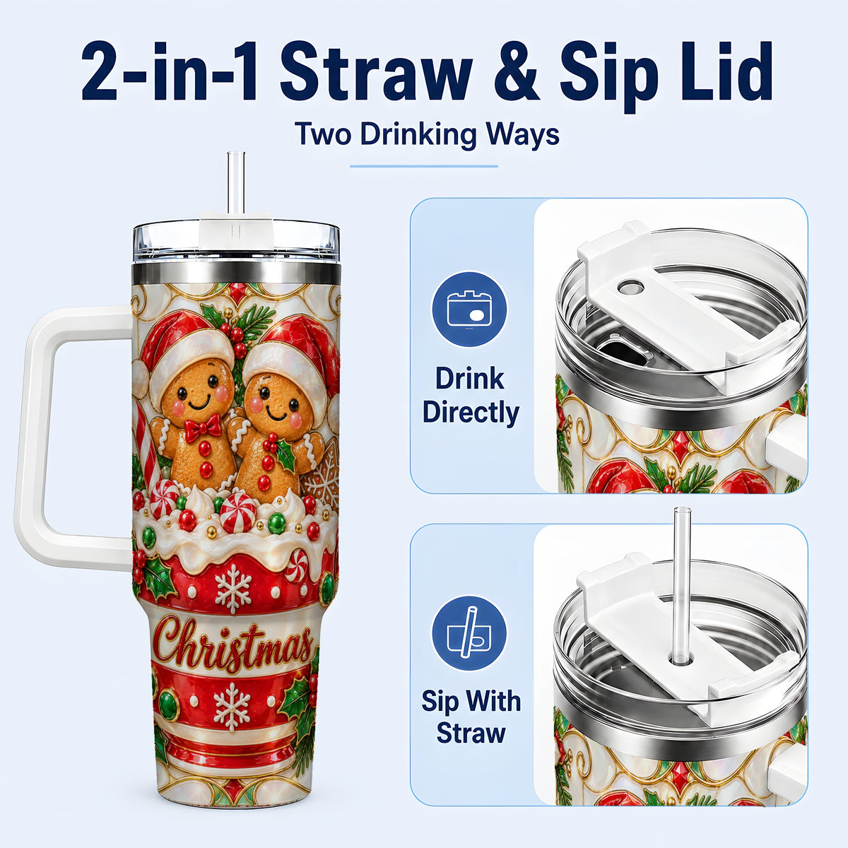 #pl[40oz|White] Gingerbread Couple 40oz Tumbler with Handle, Stained Glass Style Cup