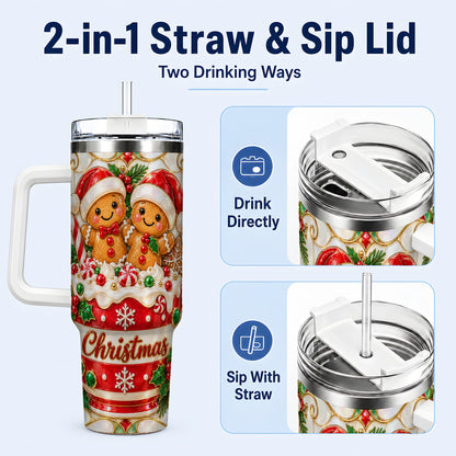 #pl[40oz|White] Gingerbread Couple 40oz Tumbler with Handle, Stained Glass Style Cup