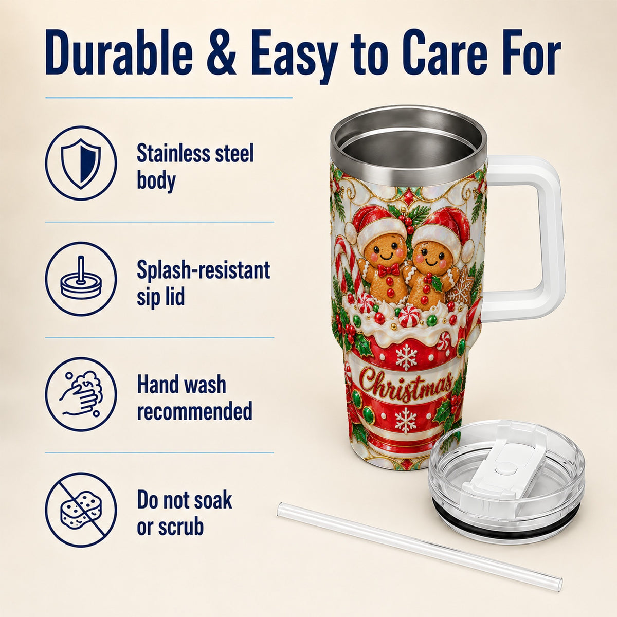 Gingerbread Couple 40oz Tumbler with Handle, Stained Glass Style Cup