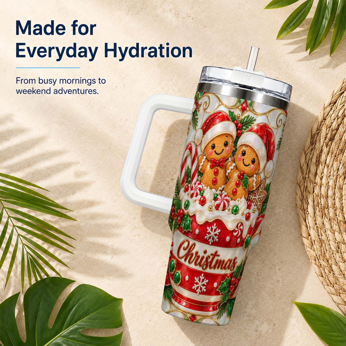 Gingerbread Couple 40oz Tumbler with Handle, Stained Glass Style Cup