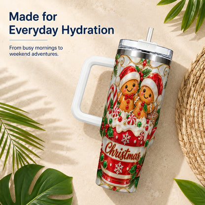 Gingerbread Couple 40oz Tumbler with Handle, Stained Glass Style Cup