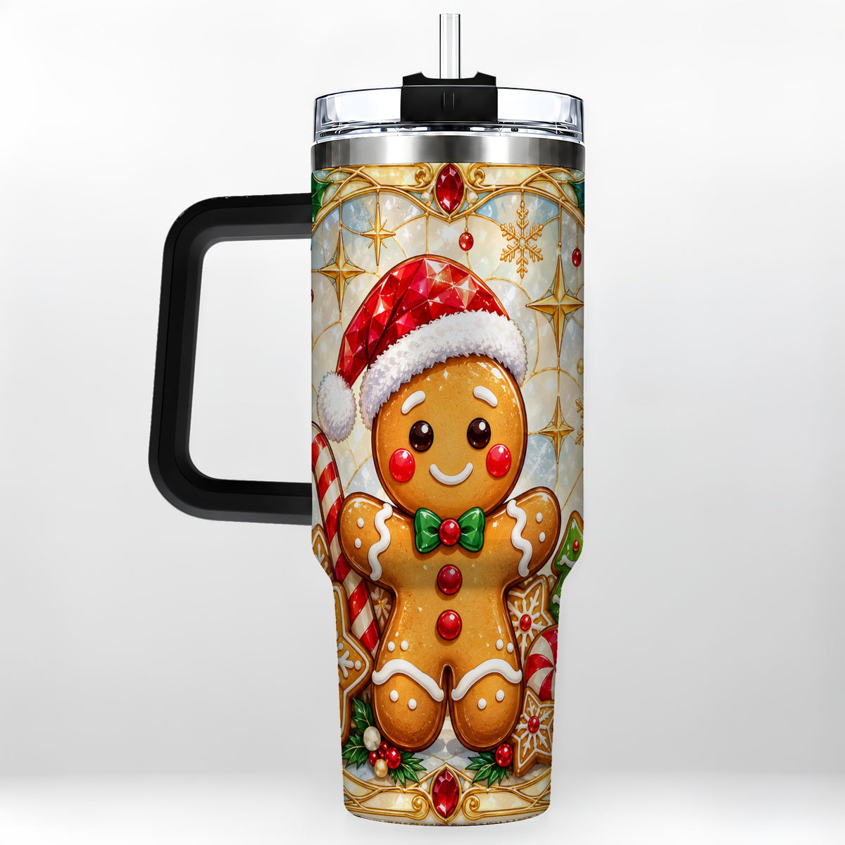 #pl[40oz|Black] Gingerbread Christmas 40oz Tumbler with Handle, Holiday Cookie Travel Cup