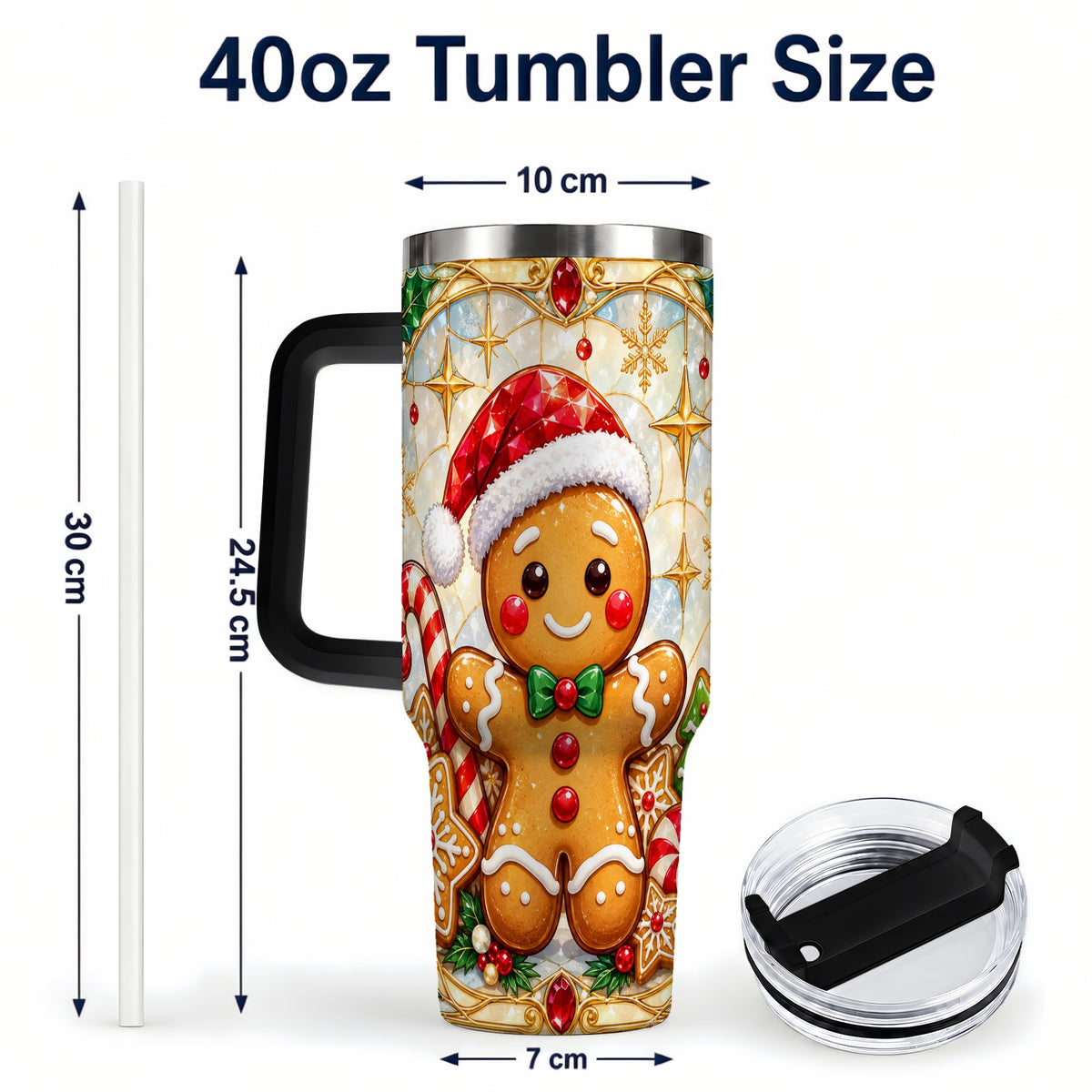 #pl[40oz|Black] Gingerbread Christmas 40oz Tumbler with Handle, Holiday Cookie Travel Cup