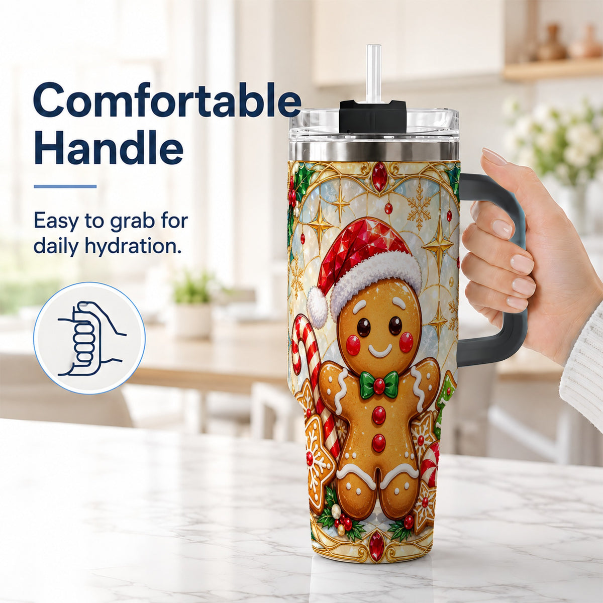 #pl[40oz|Black] Gingerbread Christmas 40oz Tumbler with Handle, Holiday Cookie Travel Cup