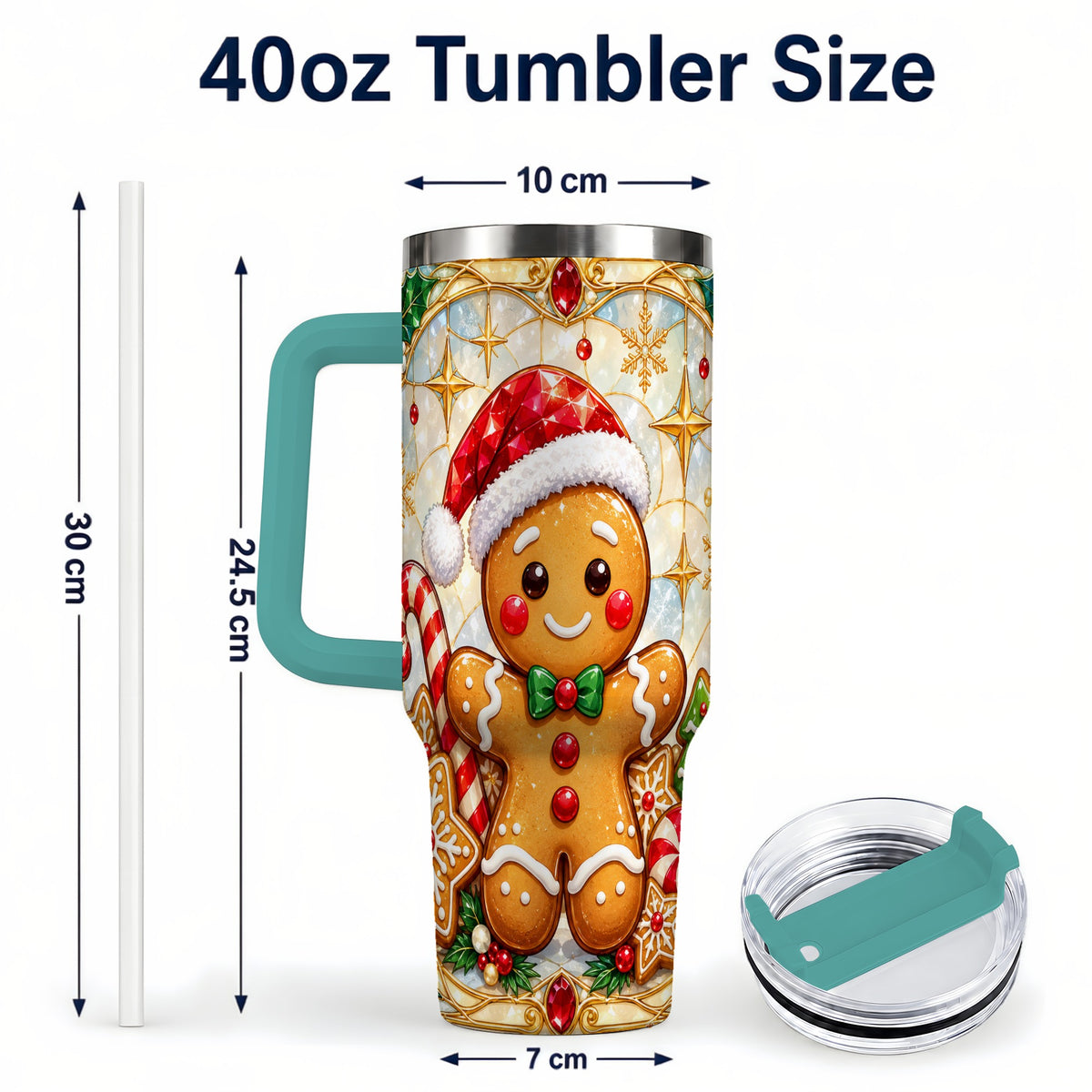 #pl[40oz|Green] Gingerbread Christmas 40oz Tumbler with Handle, Holiday Cookie Travel Cup