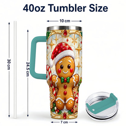#pl[40oz|Green] Gingerbread Christmas 40oz Tumbler with Handle, Holiday Cookie Travel Cup