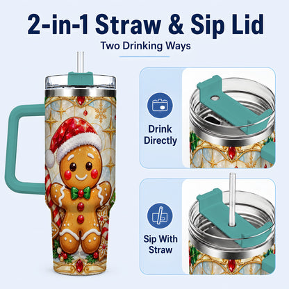 #pl[40oz|Green] Gingerbread Christmas 40oz Tumbler with Handle, Holiday Cookie Travel Cup