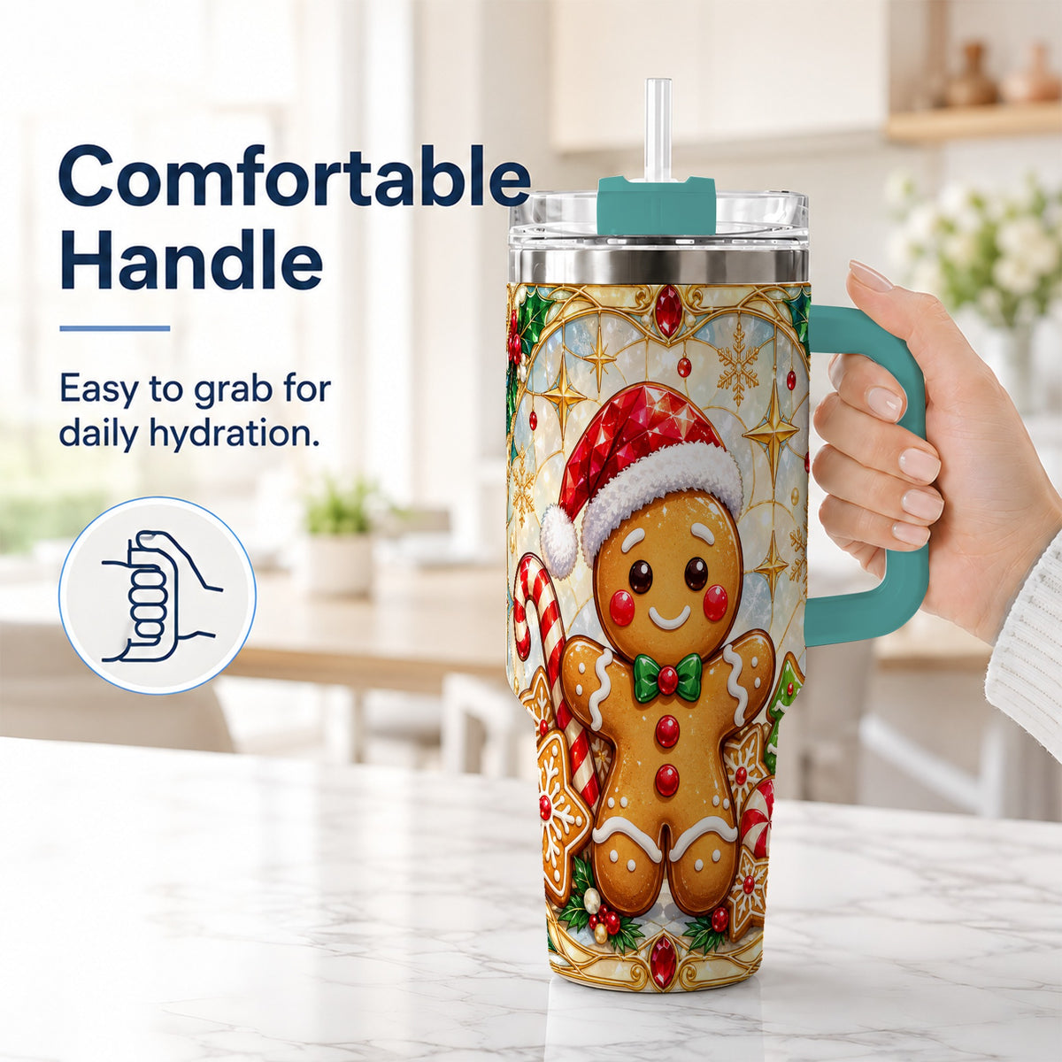 #pl[40oz|Green] Gingerbread Christmas 40oz Tumbler with Handle, Holiday Cookie Travel Cup