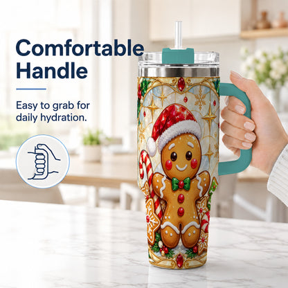 #pl[40oz|Green] Gingerbread Christmas 40oz Tumbler with Handle, Holiday Cookie Travel Cup