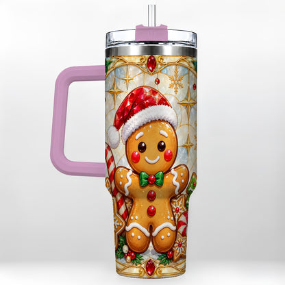#pl[40oz|Pink] Gingerbread Christmas 40oz Tumbler with Handle, Holiday Cookie Travel Cup