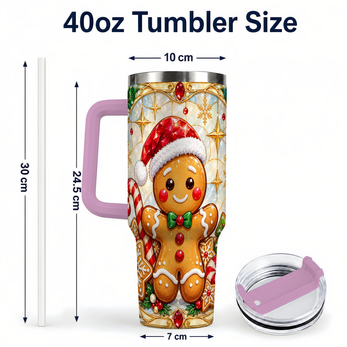 #pl[40oz|Pink] Gingerbread Christmas 40oz Tumbler with Handle, Holiday Cookie Travel Cup