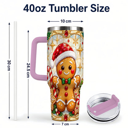 #pl[40oz|Pink] Gingerbread Christmas 40oz Tumbler with Handle, Holiday Cookie Travel Cup