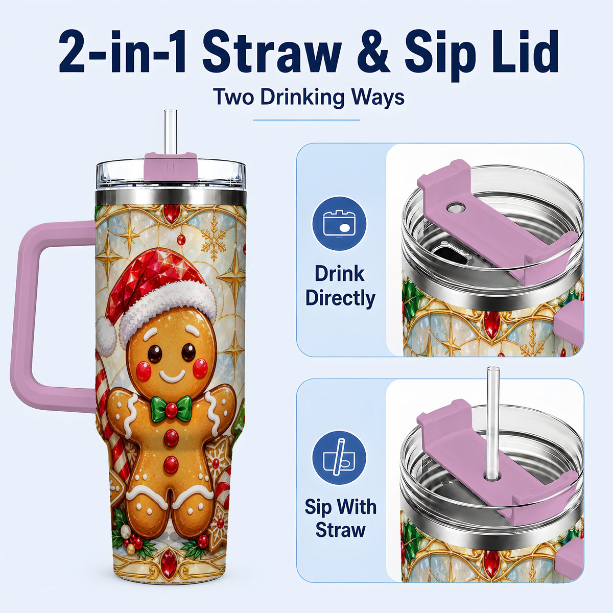 #pl[40oz|Pink] Gingerbread Christmas 40oz Tumbler with Handle, Holiday Cookie Travel Cup