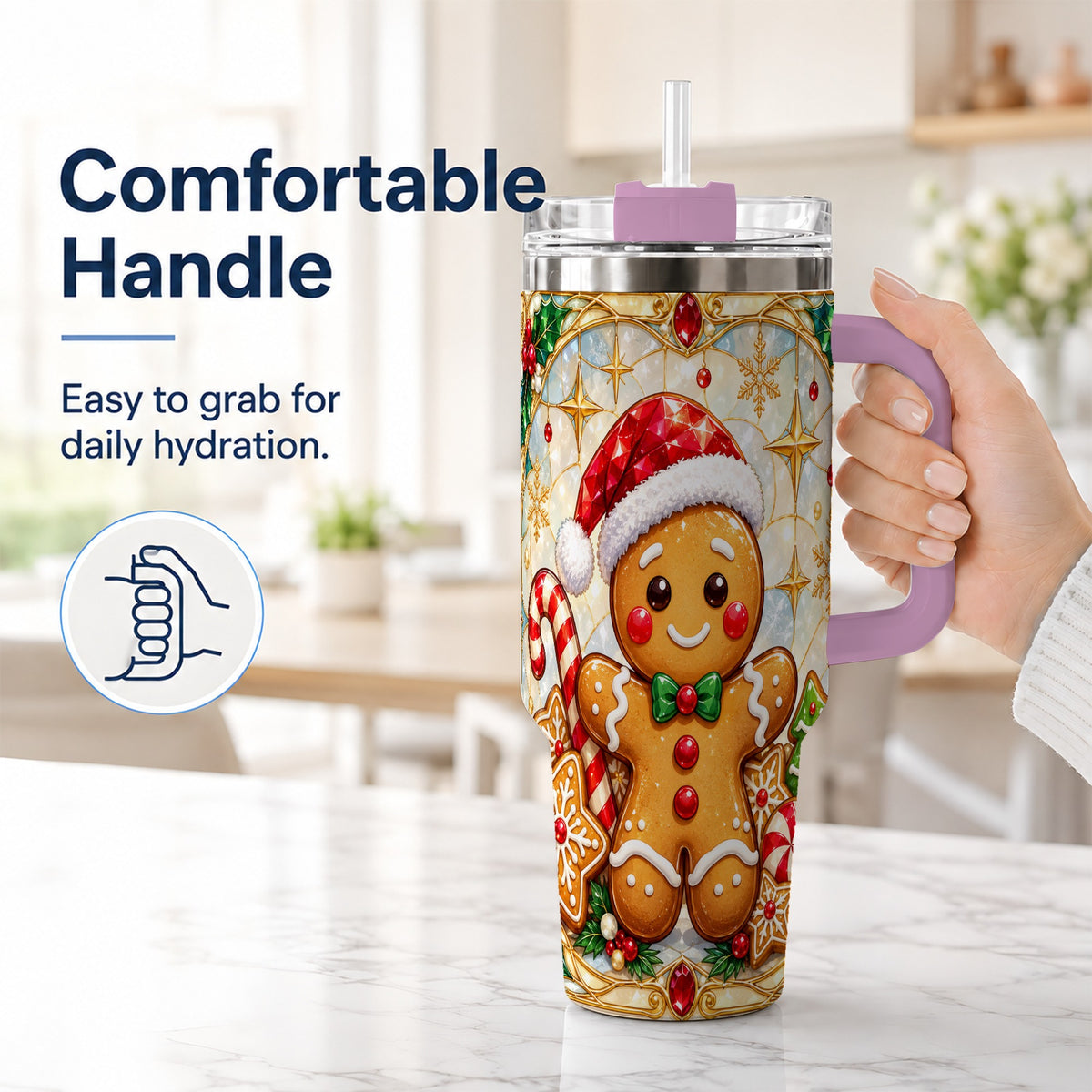 #pl[40oz|Pink] Gingerbread Christmas 40oz Tumbler with Handle, Holiday Cookie Travel Cup