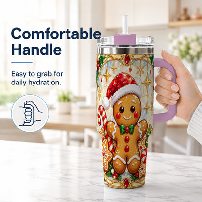 #pl[40oz|Pink] Gingerbread Christmas 40oz Tumbler with Handle, Holiday Cookie Travel Cup