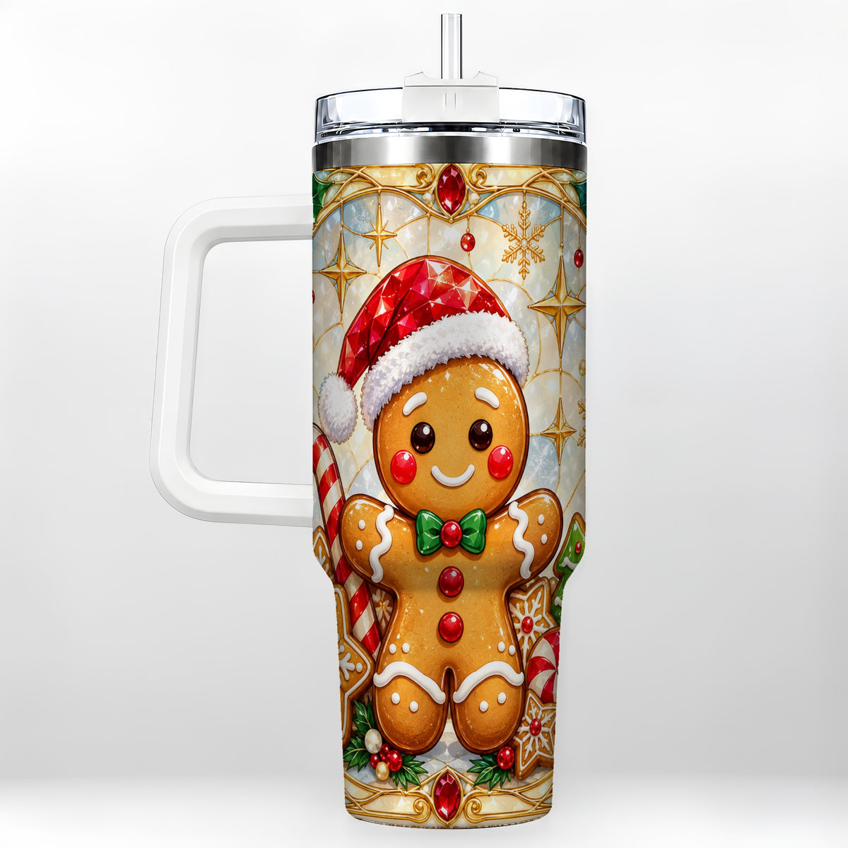 Gingerbread Christmas 40oz Tumbler with Handle, Holiday Cookie Travel Cup