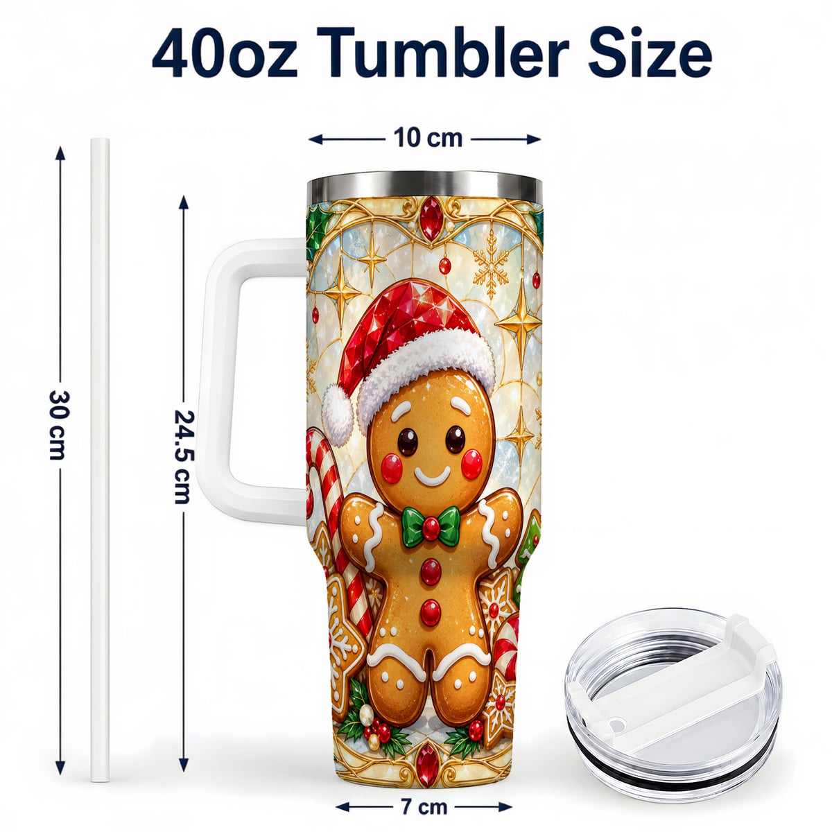 #pl[40oz|White] Gingerbread Christmas 40oz Tumbler with Handle, Holiday Cookie Travel Cup