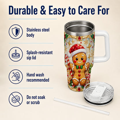 Gingerbread Christmas 40oz Tumbler with Handle, Holiday Cookie Travel Cup