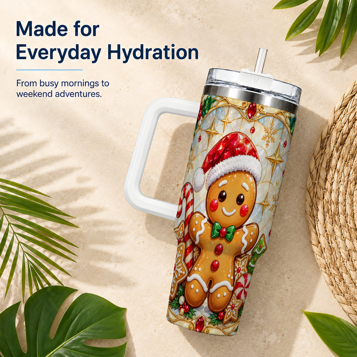 Gingerbread Christmas 40oz Tumbler with Handle, Holiday Cookie Travel Cup