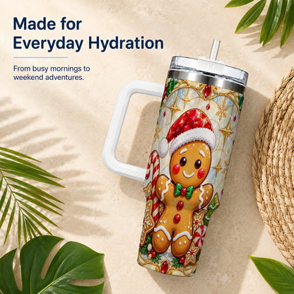 Gingerbread Christmas 40oz Tumbler with Handle, Holiday Cookie Travel Cup