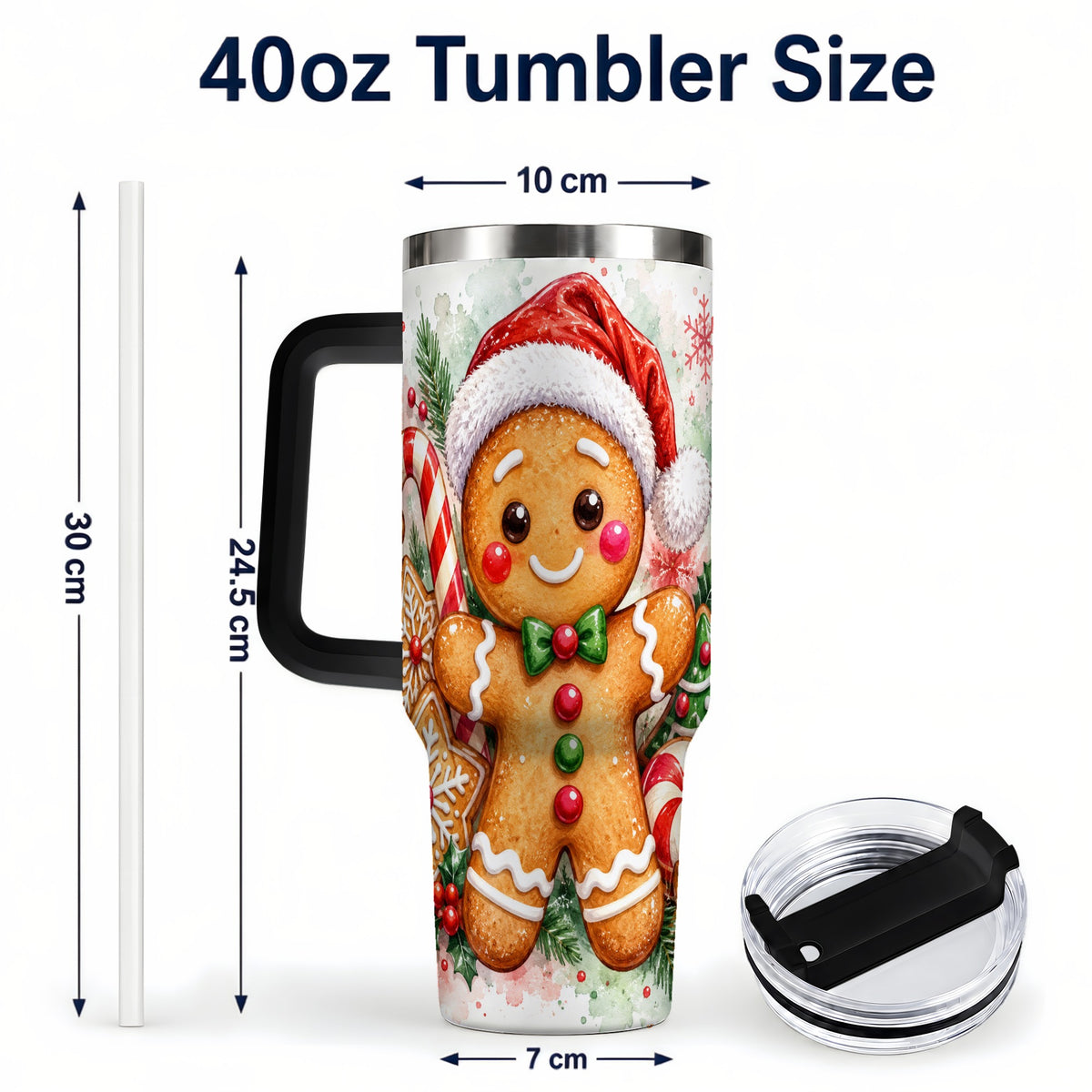#pl[40oz|Black] Watercolor Gingerbread 40oz Tumbler with Handle, Christmas Travel Cup