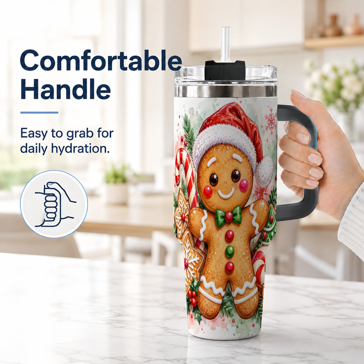 #pl[40oz|Black] Watercolor Gingerbread 40oz Tumbler with Handle, Christmas Travel Cup