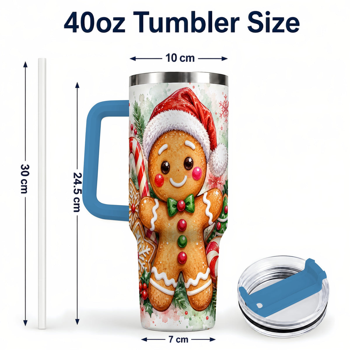 #pl[40oz|Blue] Watercolor Gingerbread 40oz Tumbler with Handle, Christmas Travel Cup