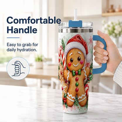 #pl[40oz|Blue] Watercolor Gingerbread 40oz Tumbler with Handle, Christmas Travel Cup