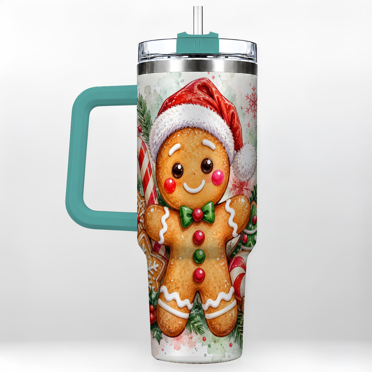 #pl[40oz|Green] Watercolor Gingerbread 40oz Tumbler with Handle, Christmas Travel Cup