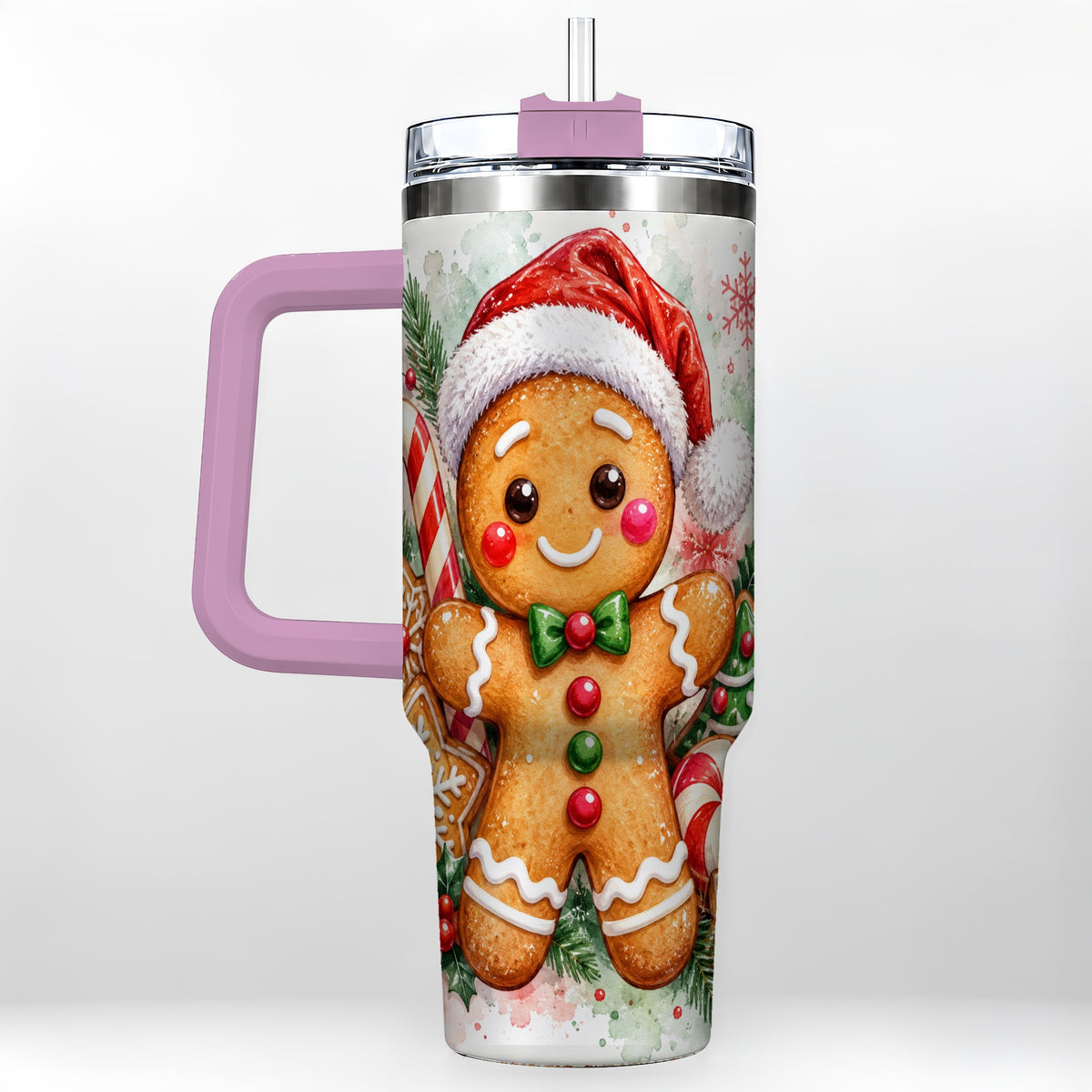 #pl[40oz|Pink] Watercolor Gingerbread 40oz Tumbler with Handle, Christmas Travel Cup