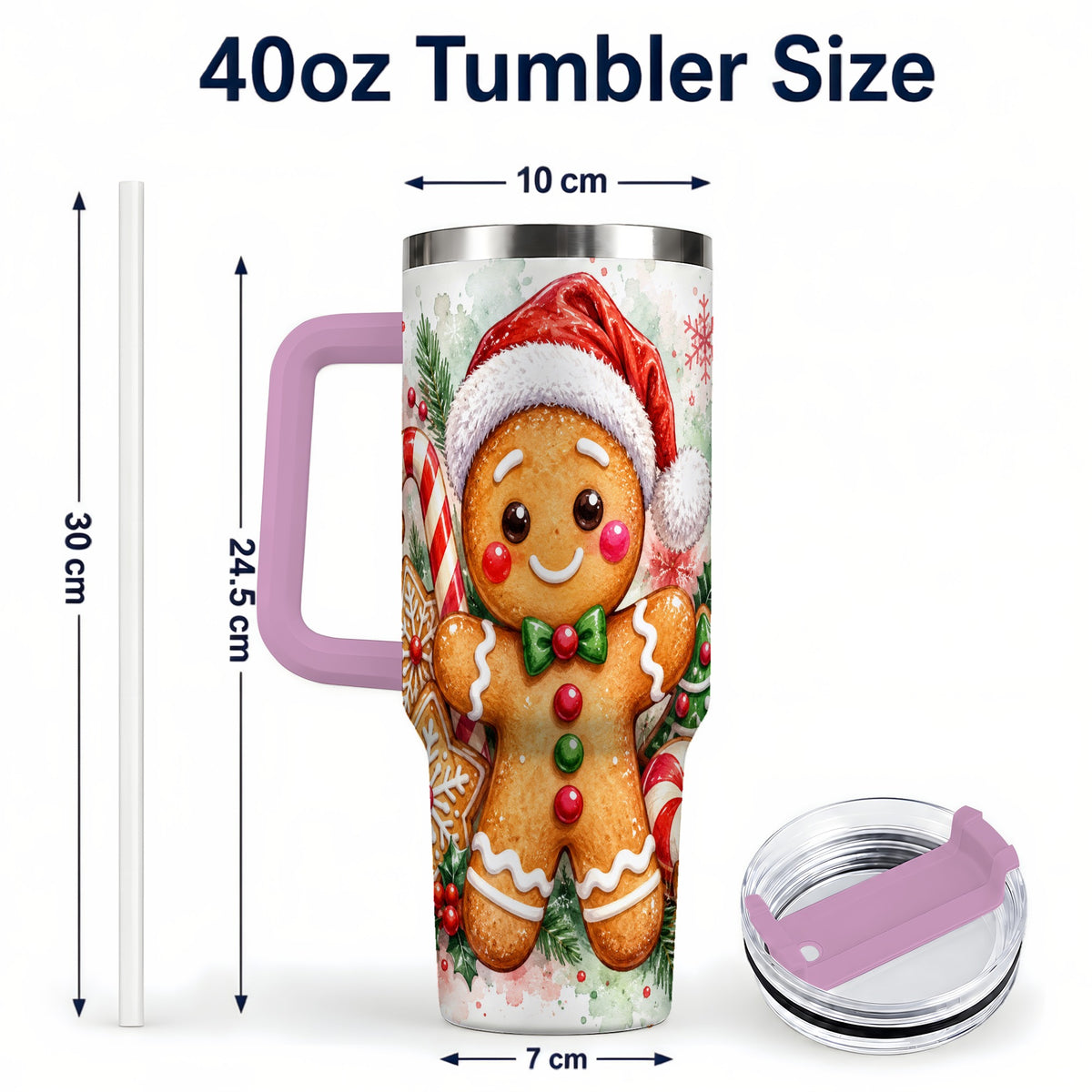 #pl[40oz|Pink] Watercolor Gingerbread 40oz Tumbler with Handle, Christmas Travel Cup