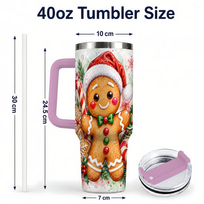 #pl[40oz|Pink] Watercolor Gingerbread 40oz Tumbler with Handle, Christmas Travel Cup