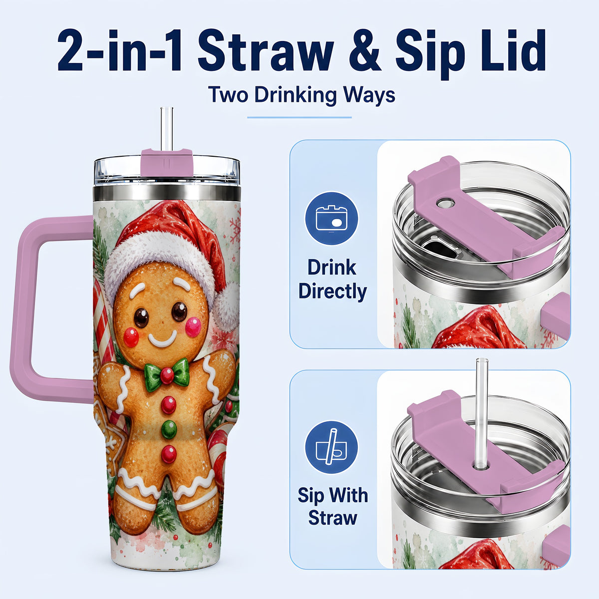#pl[40oz|Pink] Watercolor Gingerbread 40oz Tumbler with Handle, Christmas Travel Cup