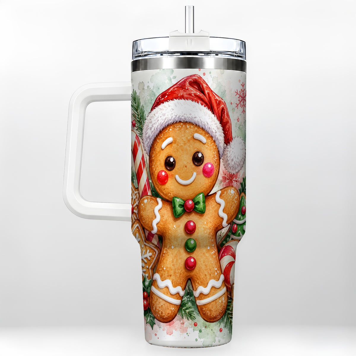 Watercolor Gingerbread 40oz Tumbler with Handle, Christmas Travel Cup