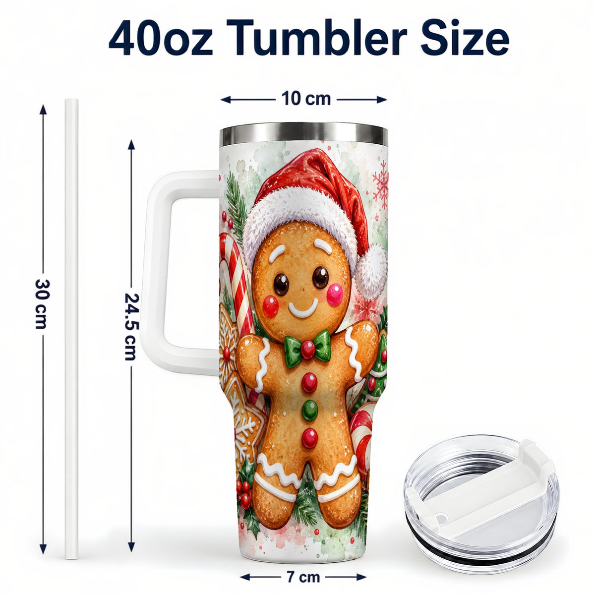 #pl[40oz|White] Watercolor Gingerbread 40oz Tumbler with Handle, Christmas Travel Cup