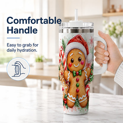 #pl[40oz|White] Watercolor Gingerbread 40oz Tumbler with Handle, Christmas Travel Cup