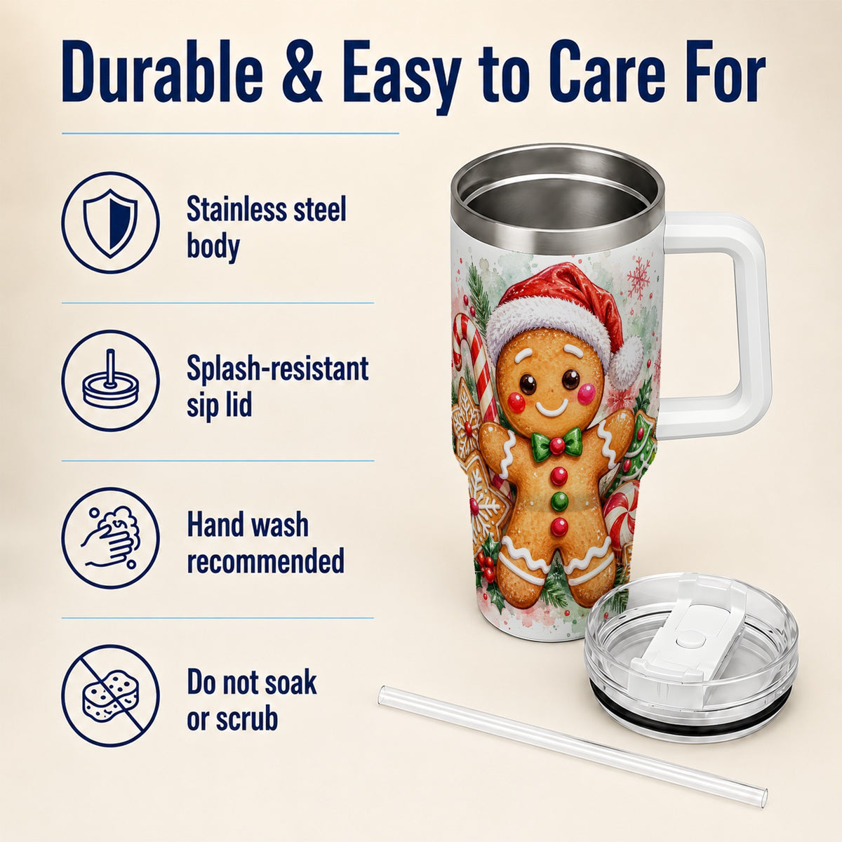 Watercolor Gingerbread 40oz Tumbler with Handle, Christmas Travel Cup