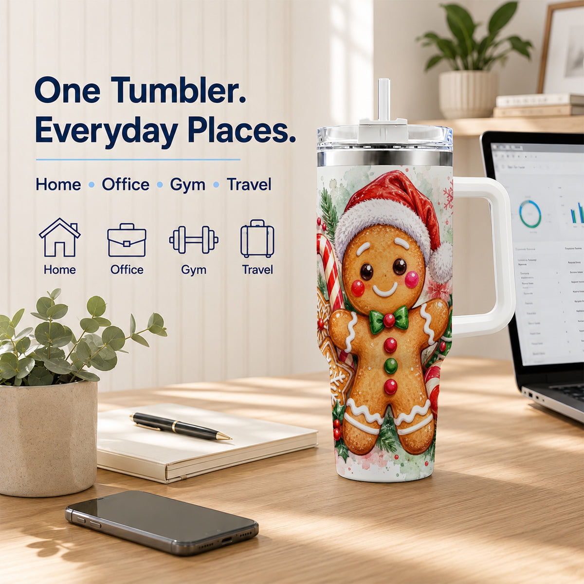 Watercolor Gingerbread 40oz Tumbler with Handle, Christmas Travel Cup