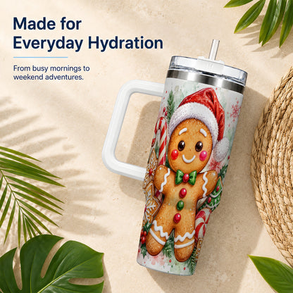 Watercolor Gingerbread 40oz Tumbler with Handle, Christmas Travel Cup