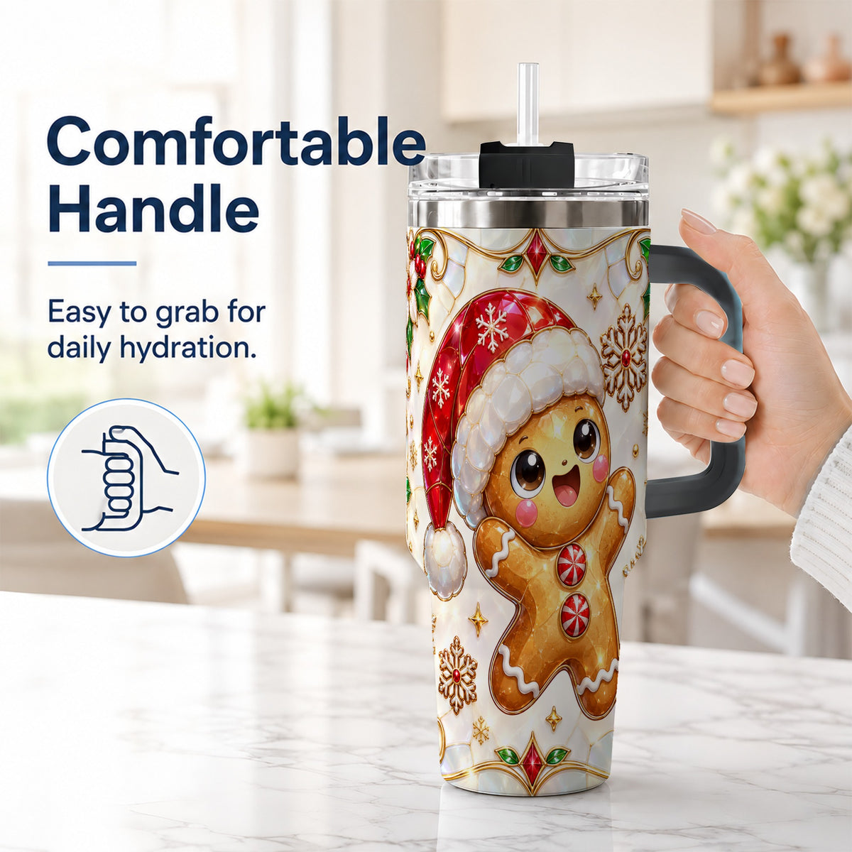 #pl[40oz|Black] Gemstone Gingerbread 40oz Tumbler with Handle, Christmas Travel Cup